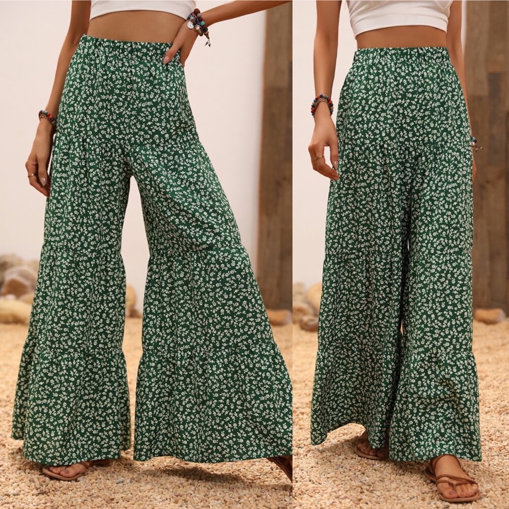 🍃 BOHO GREEN WHITE FLORAL HIGH WAIST WIDE LEG PANTS! - Picture 4 of 6